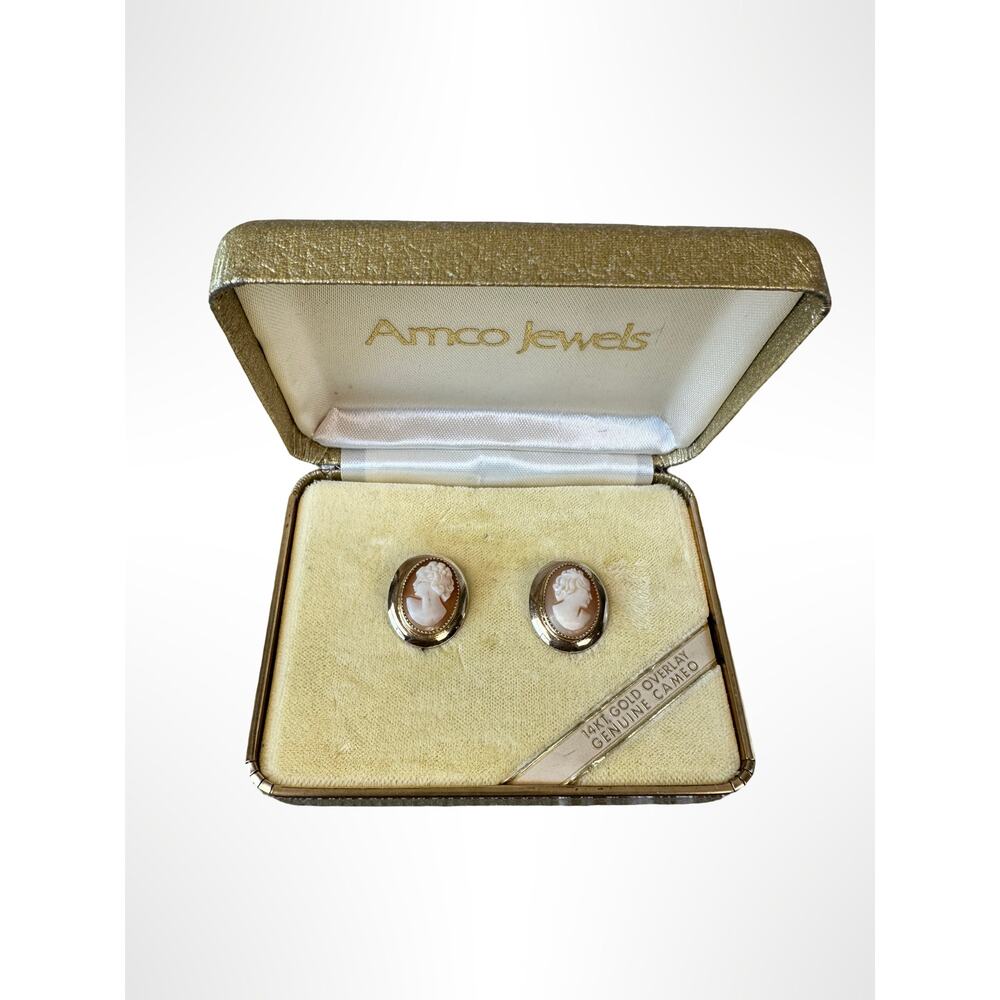 Vintage AMCO 14K Gold Overlay Genuine Shell Cameo Screwback Earrings w/ Box